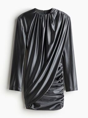 Grey Ruched Draped Long-Sleeve Dress